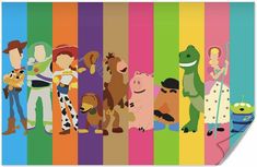 the characters from toy story are lined up against a rainbow striped background with text that reads,