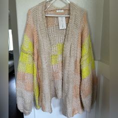 Nwt. Gorgeous Neutral Cardigan With Pops Of Neon Yellow Knitted Cardigan For Spring, Spring Yellow Knitted Cardigan, Casual Yellow Knit Cardigan, Yellow Soft Knit Sweater For Spring, Spring Yellow Soft Knit Sweater, Yellow Knitted Outerwear For Spring, Yellow Chunky Knit Sweater For Spring, Spring Yellow Chunky Knit Sweater, Oversized Yellow Winter Cardigan