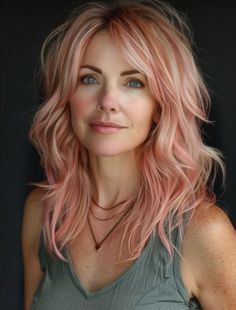 Hairstyles With Side Bangs, Pink Blonde Hair, Wavy Bob Haircuts, Side Bangs Hairstyles, Layered Hair With Bangs, Cute Hairstyles For Medium Hair, Hair Skin And Nails, Hair Color Pink, Shag Haircut