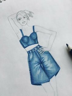 a pencil drawing of a woman in blue denim overalls with her hand on her hip