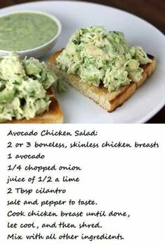 an image of a sandwich with avocado chicken salad on it and the recipe below