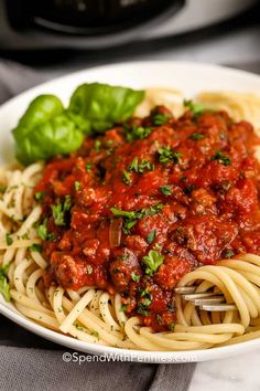 a plate of spaghetti with meat sauce and basil garnished with parsley on the side