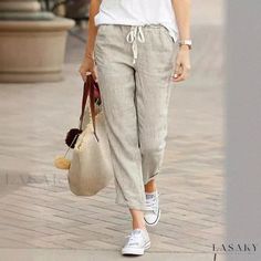 Lasaky - Solid Color Loose Fit Casual Drawstring Elastic Waist Cotton Linen Cropped Pants Casual Non-stretch Pants With Drawstring, Cropped Linen Pants, Linen Crops, Beach Skirt, Casual Jumpsuit, Waist Circumference, Casual Trousers, Dressmaking, Cropped Pants