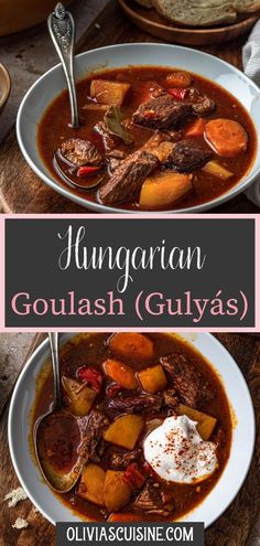 two bowls of hungarian goulash with potatoes and carrots