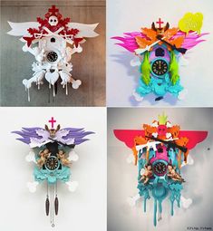 four different cuckoo clocks decorated with paper cut outs