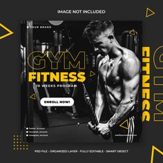 the gym fitness flyer is shown with an image of a man holding a barbell