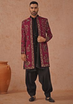 Wine Indo Western Sherwani Set With Dupatta Kalpraag - Fabilicious Fashion Pakistani Wedding Outfits Men, Men’s Indo Western Outfit, Men Kurta Designs Style 2024, Patiyala Pant, Wedding Outfits For Men, Indo Western Outfits For Men, Suits For Guys, Indo Western Dress For Men, Indo Western Sherwani