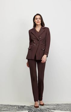 Warm up to fall in a textured Italian twill cutaway double-breasted jacket in luxe chocolate brown, featuring smooth Italian ponte trims and shiny nickel buttons for timeless elegance. Luxury Jacket, Twill Jacket, Double Breasted Jacket, Fine Fabric, Fall Collections, Spring Collection, Flap Pocket, Chocolate Brown, Summer Collection