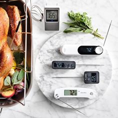 thermometers are next to a roasting pan full of chicken