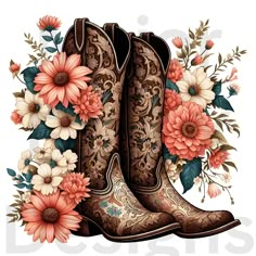 Cowboy Boots Backgrounds, Cowgirl Boot Background, Boots With Flowers, Phone Wallpaper Pastel, Boots Png, Vintage Png, Floral Png, Png Floral, Flowers Png