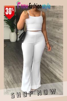 White Casual Solid Split Joint Spaghetti Strap Sleeveless Two Pieces White Jumpsuits, Flare Leg Pants Outfit, Suit Type, Sleeveless Suit, Two Piece Pants Set, Spaghetti Strap Tank Top, U Neck, Suit Fashion