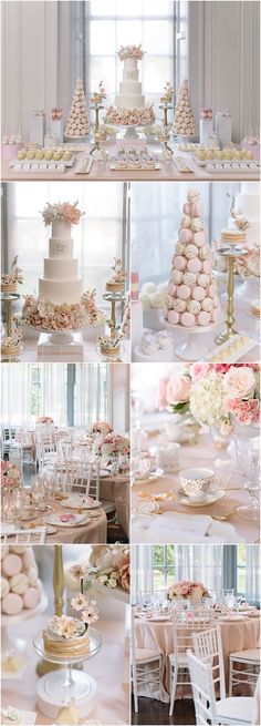 a collage of photos showing different types of cakes and pastries on display at a wedding reception