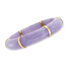 Ross-Simons - Purple Jade Bangle Bracelet with 14kt Yellow Gold. 7". Add color to your stack with this pretty purple bangle bracelet. The soft hue of 14mm carved purple jade is enhanced by polished 14kt yellow gold bars. Slip-on, purple jade bangle bracelet. Om Jewelry, Coral Drop Earrings, Jade Bangle Bracelet, Jewelry Presentation, Opal Drop Earrings, Cultured Pearl Bracelet, Homemade Wedding, Gold Bars, Amethyst Necklace Pendant