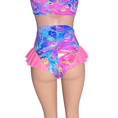 Introducing our Rave Bikini Bottom with Mesh Ruffle, the ultimate blend of sass and style for the dance floor diva in you! These hot pants are designed to make a statement with their high-thigh cut and super cheeky design, guaranteed to turn heads and set the dance floor on fire. The highlight of these hot pants is the mesh ruffle detailing on the sides, adding a touch of flirtatious flair and playful movement to your outfit. Whether you're grooving to the beat at a rave, hitting the club scene, High Waist High Stretch Beachwear Bottoms, Flirty Stretch Bottoms For Club, High Waist Shorts For Cheerleading In Summer, Flirty High-waisted Fitted Shorts, Flirty High Waist Shorts, Disco Style Bottoms For Summer Clubbing, High Waist Summer Club Bottoms, High Waist Bottoms For Club And Summer, Hip-length Bottoms For Summer Club Wear