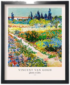 an art print of a garden with flowers and trees