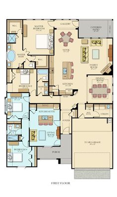 the first floor plan for a home with two master suites and an attached living area