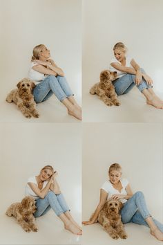 a woman is sitting on the floor with her dog and posing for four different pictures