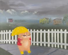 a painting of a cat holding an umbrella in front of a white picket fence with houses on the other side