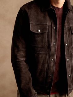 Timeless by definition, this suede jacket—like good wine—only gets better with age.  Crafted from an irresistibly soft goat skin with a classically structured silhouette, this style will be a wardrobe staple for seasons to come.    WARMER: Lightl Rugged Fashion, Suede Trucker Jacket, Good Wine, Chocolate Leather, Rugged Style, For Seasons, Trucker Jacket, Fall Winter Fashion, Leather Jacket Men