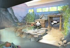 pandas are playing in an indoor zoo exhibit with rocks and plants on the ground