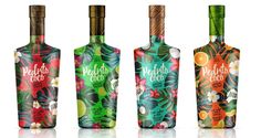 three bottles with different designs on them