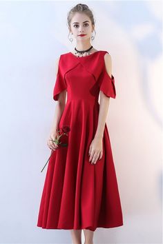 Burgundy Midi Length Party Dress Simple with Sleeves - $69.3 #BLS86055 - SheProm.com Red A-line Mini Dress For Banquet, Red A-line Summer Evening Dress, Red A-line Dress For Party Season, Red Short Sleeve Maxi Dress For Party, Red Midi Dress For Banquet, Red A-line Midi Dress For Banquet, Red Midi Dress For Wedding Party, Red Midi Dress For Wedding Party Season, Red Midi Dress For Spring Banquet