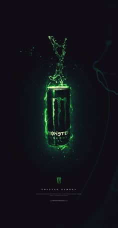 a green monster energy drink in the dark