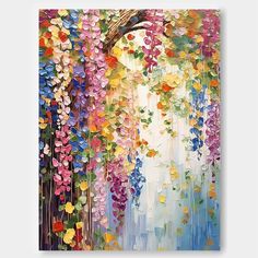 an abstract painting with colorful flowers hanging from the ceiling