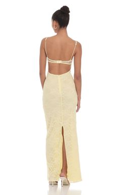 Lace Floral Trim Maxi Dress in Yellow | LUCY IN THE SKY Fitted Underwire Dresses For Spring, Fitted Dresses With Adjustable Straps And Underwire, Fitted Lace Dress With Adjustable Straps, Light Yellow Prom Dress, Prom Dresses Tight, Light Yellow Dresses, Yellow Prom Dress, Yellow Prom, Upf Clothing