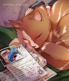 a cat sleeping on top of a bed next to an open book and paper with writing