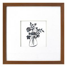 a black and white drawing of flowers in a vase on a white background with a brown frame