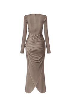 This luxurious dress features gathered spandex for a figure-hugging silhouette and an ankle-length hem for a sophisticated touch. Perfect for any special occasion, this dress will make you feel confident and glamorous. Fitted Pre-draped Dress With Ruched Sides, Fitted Pre-draped Dress With Ruched Back, Fitted Long Sleeve Pre-draped Evening Dress, Formal Stretch Sheath Maxi Dress, Fitted Ruched Sheath Maxi Dress, Fitted Sheath Maxi Dress With Ruched Detail, Fitted Ruched Evening Dress, Fitted Long Sleeve Ruched Evening Dress, Fitted Evening Maxi Dress With Ruched Sides