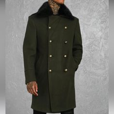 Boohooman Military Style Peacoat - Army Green Men’s Medium New With Tags Button Is Missing On One Shoulder However The Coat Comes With Additional Buttons Khaki Pea Coat With Button Closure For Winter, Winter Khaki Pea Coat With Button Closure, Khaki Double-breasted Pea Coat For Winter, Military Style Outerwear With Stand Collar And Buttons, Military Outerwear With Stand Collar And Buttons, Military Outerwear With Stand Collar, Military Style Pea Coat With Double Button Closure, Winter Pea Coat With Buttons And Collar, Winter Pea Coat With Collared Shape And Buttons