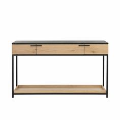 a black and oak console table with two drawers on one side, an open shelf underneath the