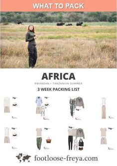 a woman standing in a field with the words what to pack for africa on it