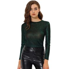 The metallic fabric adds multi-shine to this comfy and casual puff-sleeve top. Patterned in metallic, this round-neck shirt is suitable for a night out, club, and parties. Wear it with wide-leg trousers or style it with leather leggings and heels for the evening. It's designed with a round neck and puff sleeves and it has textured fabric that sets it apart from a more simplistic style. Metallic Tops, Leggings And Heels, Sparkly Party, Metallic Blouses, Party Blouse, Halloween Long Sleeve, Black Sheer Top, Shiny Fabric, Round Neck Shirt