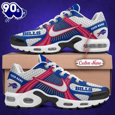 NFL Buffalo Bills Custom Name TN Shoes TN Shoes, also known as Tuned Air shoes, are a popular line of athletic footwear that combines style with advanced cushioning technology, are a striking blend of performance and style that have made a lasting impact in the sneaker world since their debut in the late 1990s. These shoes feature a distinctive design characterized by their colorful, dynamic silhouettes and visible air units in the sole. The Tuned Air technology provides enhanced support and sho Breathable Lace-up Training Sneakers, Breathable Lace-up Sneakers For Training, Custom Sneakers With Air Max Cushioning For Sports, Breathable Sportswear Sneakers For Sports Events, Breathable Sneakers For Sports Events, Custom Low-top Sports Sneakers With Air Cushioning, Custom Synthetic Sneakers For Training With Round Toe, Sporty Breathable Running Shoes For Sports Events, Breathable Low-top Running Shoes For Sports Events