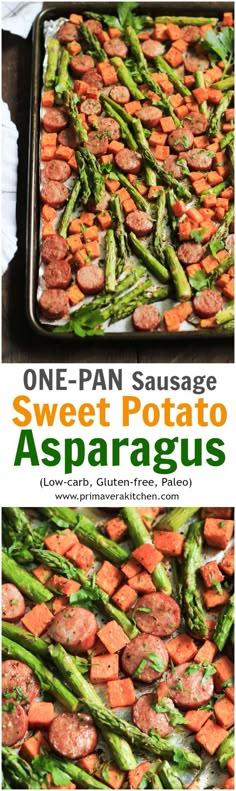 one pan sausage sweet potato asparagus is an easy side dish that's ready in less than 30 minutes