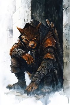 Wrythyn Grelmos stands tall with a rust-colored fur covering their broad frame, blending seamlessly into the shadows. Long, tufted ears arch skyward, flecked with sandy hues. Their sharp, golden eyes peer out from beneath a hood sewn from patchwork leather. At their side rests a twisted dagger with a bone handle, its blade darkened by countless nights of stealthy misdeeds. Interesting Dnd Character Ideas, Shadow Fey Dnd, Hooded Character Art, Character Showcase, Rogue Dnd, Dungeons And Dragons Memes, Dungeons And Dragons Classes, Fantasy Heroes, Werewolf Art