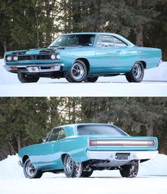 two pictures of an old car in the snow, one is turquoise and the other is white