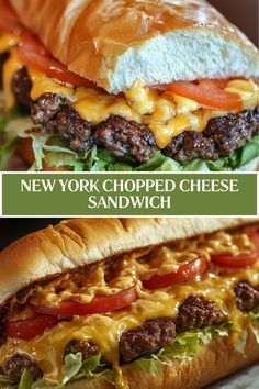 two pictures of a cheeseburger with lettuce and tomatoes