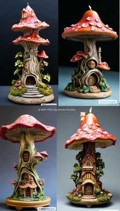 four different views of a mushroom house with trees and mushrooms on the roof, in various stages