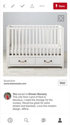 a white crib with two drawers on the bottom and an instagram page below