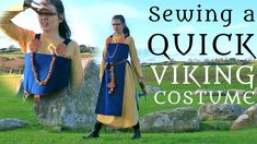 two women dressed in medieval costumes standing next to each other on rocks with the words sewing and quick viking costume