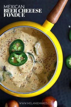 mexican beer cheese fondue with jalapenos on the side in a yellow bowl