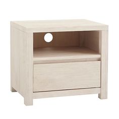 a white wooden night stand with an open drawer