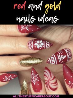 Christmas Nail Designs, winter nails, Christmas nails, festive nails, acrylic nails, coffin nails, square nails, nail design, simple matte nail design, snowflake, shellac nail, nail polish, blue nail design, black nail design, glitter nail design, classy nails, almond nails, round nails, short nails, long nails, burgundy nails, white nails, nail art, nail ideas, long nails, Opi nails,  purple nails, gray nails, silver nails, gold nails, elegant nail art, #rednails Red and gold nails Winter Nails Burgundy, Sparkly Christmas Nails, Nail Arts Ideas, Nails Burgundy, Red And Gold Nails, Nails Shellac, Winter Gold, Gold Ideas, Nail Red