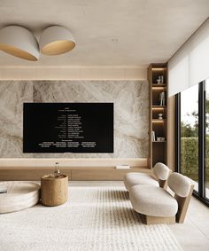 a living room filled with furniture and a flat screen tv mounted to the side of a wall