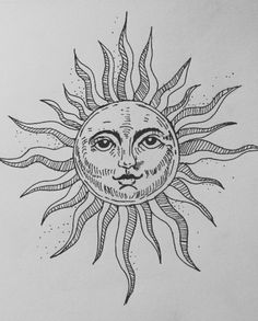 a drawing of the sun with its face drawn on it's side, in black ink