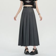 Olivia Mark - Academy High-Waisted Charcoal Grey Pleated Midi Skirt Wide Sleeve Sweater, Pleaded Skirt, Lace Umbrella, Charcoal Clothing, Ruffle Bodycon, Bodycon Midi Skirt, Umbrella Skirt, Xmas List, Denim Pencil Skirt